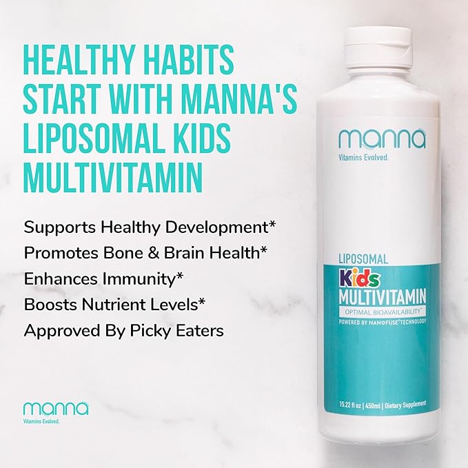 Manna Vitamins Evolved Liposomal Kids Multivitamin - Vitamin D3 &amp Vitamin A - Vitamin B12 &amp Vitamin C Supplement - Children's Liquid Multivitamin - Immune Support Supplement for Children