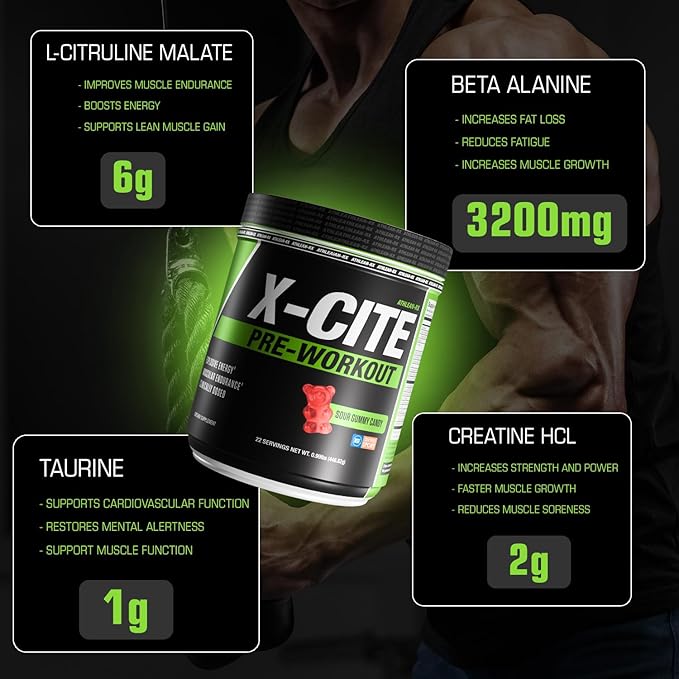 X-CITE Pre-Workout by ATHLEAN-X - Enhanced Formula with Beta-Alanine Creatine &amp Caffeine for Ultimate Energy Endurance Focus &amp Muscle Pump NSF Certified for Sports (Sour Gummy Bear)