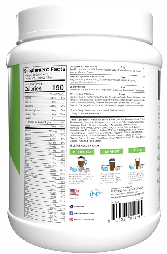 Lean1 Chocolate Mint flavor 15 serving tub fat burning meal replacement protein shake by Nutrition53