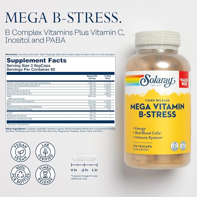 SOLARAY Mega Vitamin B Stress and Passion Flower Bundle - Timed Release Vitamin B Complex with Vitamin C - Energy Mood and Immune Support with B6 B12 Plus Soothing Herbal Support Vegan 276/100ct