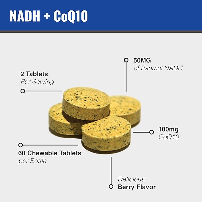 MAAC10 NADH + CoQ10 Chewable Tablets (3-Pack - 180 Tablets) | 50mg PANMOL® NADH + 100mg CoQ10 Supports Fatigue Energy and NAD+ Non-GMO Gluten Free Vegetarian (3 Month Supply)