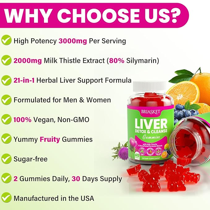 Liver Cleanse Detox &amp Repair Gummies 2000 mg Milk Thistle Supplement with Dandelion Root Glutathione &amp Artichoke 23-in-1 Herbal Formula for Liver Detox &amp Health Non-GMO Vegan 16 Pack