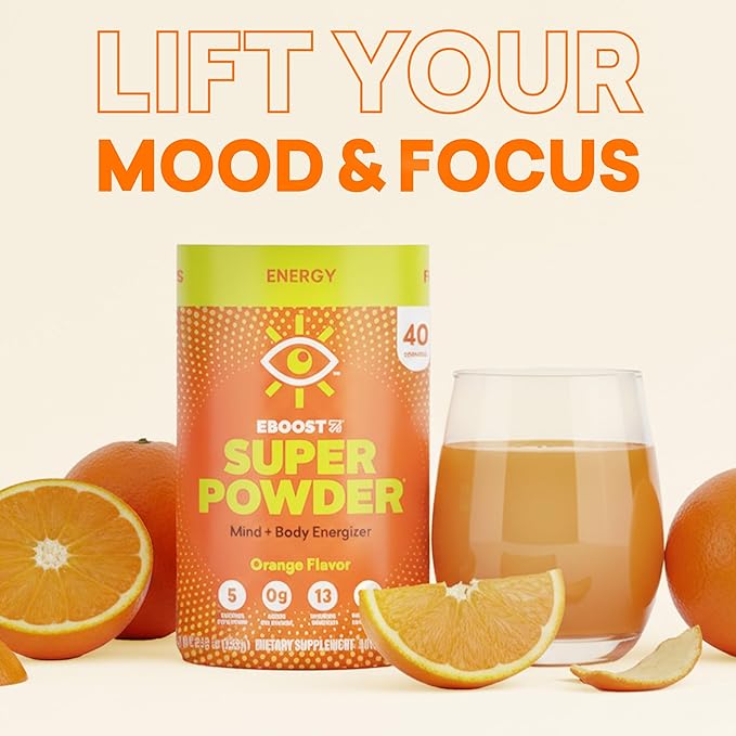EBOOST Energy Drink &amp Electrolyte Powder Drink Mix - Super Powder Orange with No Added Sugar Blend of Vitamins Nootropics Natural Caffeine &amp Hydration - Pre &amp Post Workout - 40 Serving