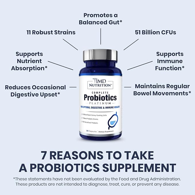 1MD Nutrition Complete Probiotics Platinum - w/Prebiotics and Probiotics for Digestive Health - Probiotic Supplement for Women &amp Men - More Than 50 Billion Live CFU 11 Strains Dairy-Free - 30 Caps