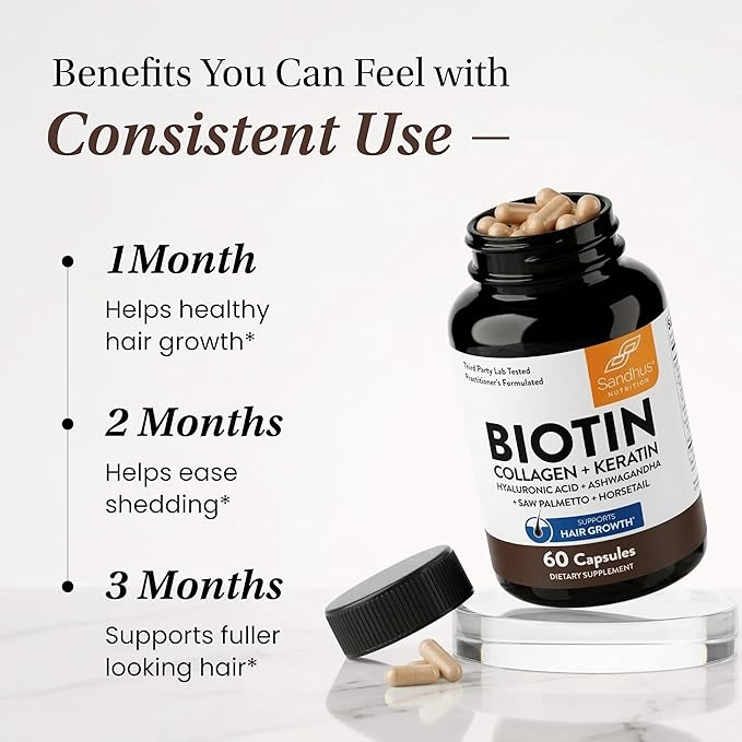 Sandhu's Biotin Collagen &amp Keratin Complex | Supports Normal Hair Growth Cycle | Vitamins for Skin &amp Nails | Hair Supplements for Women &amp Men | Made in USA | 60 Capsule Pills | with Hyalu