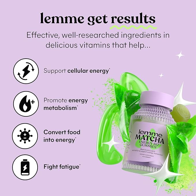 Lemme Matcha Superfood Energy Gummies with Organic Matcha Green Tea Vitamin B12 and Antioxidant Coenzyme Q10 to Support Cellular Energy Metabolism &amp Healthy Skin - Gluten Free Non GMO (60 Count