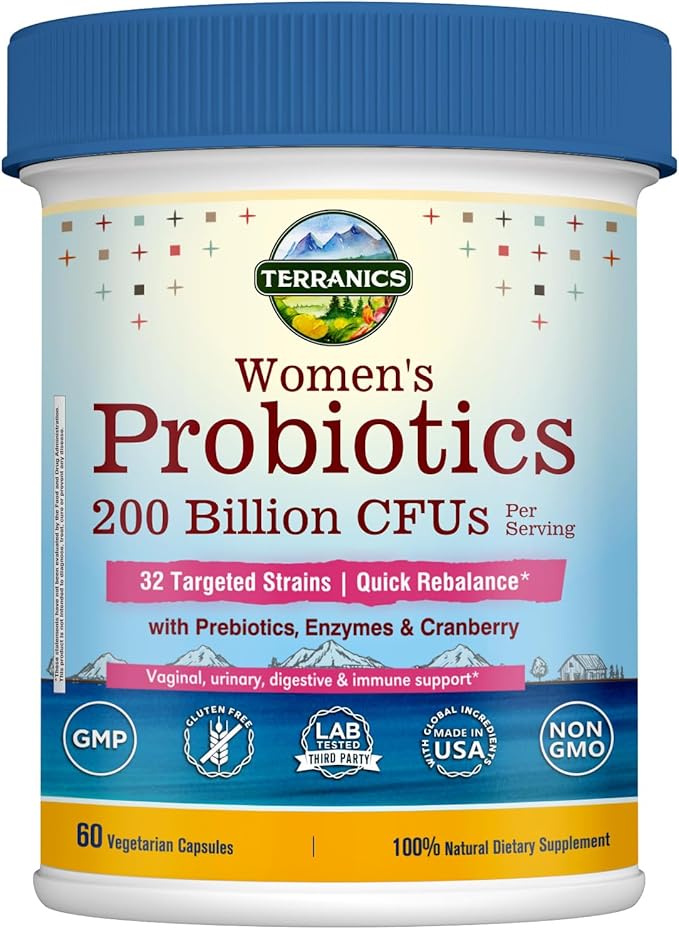 Terranics Daily Probiotics for Women 200 Billion 32 Strains Womens Probiotics with Cranberry Prebiotics &amp Enzymes Rebalance Vaginal Flora &amp pH Delayed Release Shelf Stable 60 Vegan Caps