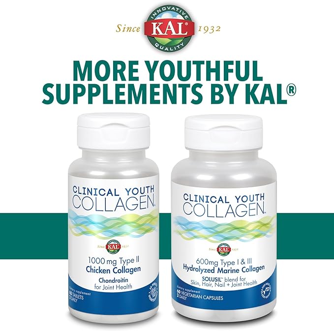 KAL Clinical Youth Collagen | Healthy Skin Hair Nail and Joint Support | Vitamin C | Natural Tangerine Flavor | 10.5oz 40 Serv.