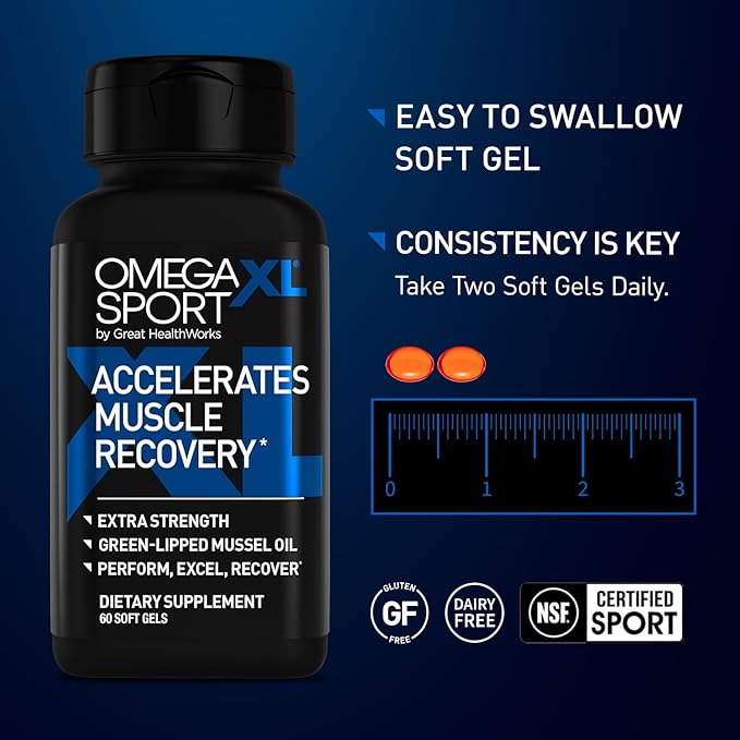 OmegaXL Sport Extra Strength Muscle Recovery Supplement and Respiratory Support Supplement - Improves DOMS and ROM Clinically Supported Green-Lipped Mussel Oil (60 Softgels)