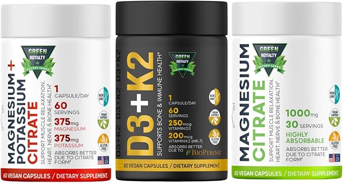 Vitamin D3(60Vegan capsule)10000 IU-K2 200mcg Soft-Gels 2-in-1 D3-K2+Magnesium Citrate 60 1000mg+Magnesium Citrate+Potassium 60 Premium(Citrate 375 mg &amp Potassium)Non GMOGluten FreeHigh Absorpti