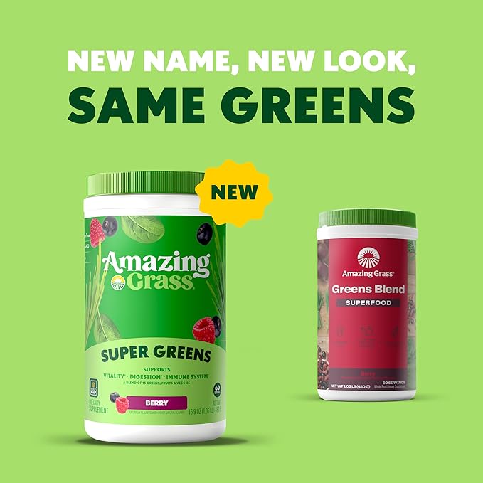 Amazing Grass Greens Blend Superfood: Super Greens Powder Smoothie Mix with Spirulina Chlorella Beet Root Powder Digestive Enzymes &amp Probiotics Berry 60 Servings (Packaging May Vary)