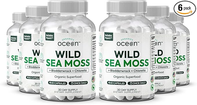 Organics Ocean Wild Sea Moss Capsules - 100% Organic Irish Sea Moss with Organic Chlorella Bladderwrack and Vitamin D for Energy Lung Health and Thyroid Support for Women and Men - 6 Bottles