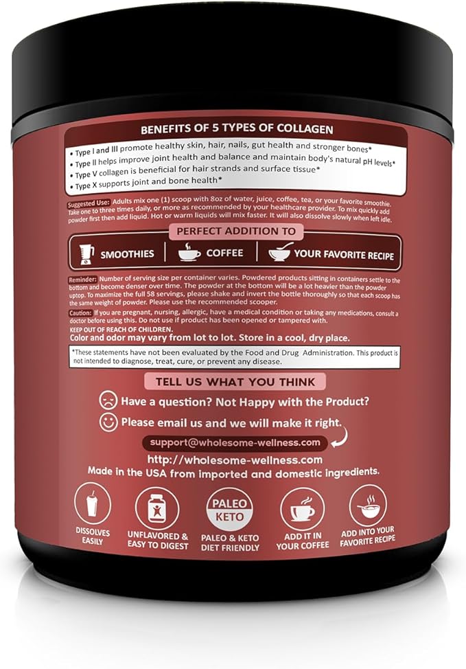 Wholesome Wellness Premium Multi Collagen Peptides Protein Powder for Women and Men 5 Types of Hydrolyzed Collagen Grass-Fed Non-GMO &amp Unflavored Pure Protein for Youthful Skin &amp Joint Rec