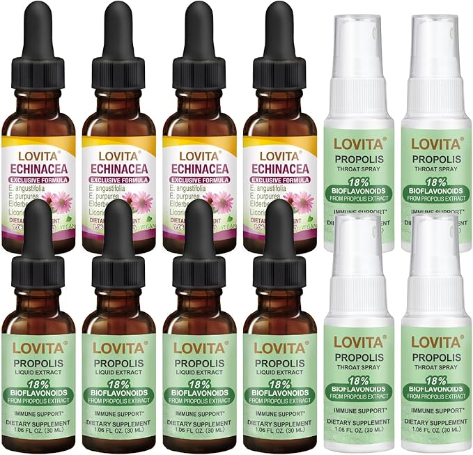 LOVITA 12-Pack Bulk Defense Bundle - 4 Each of Propolis Drops Throat Spray &amp Echinacea Liquid Herbal Immune Kit (12 Pc)
