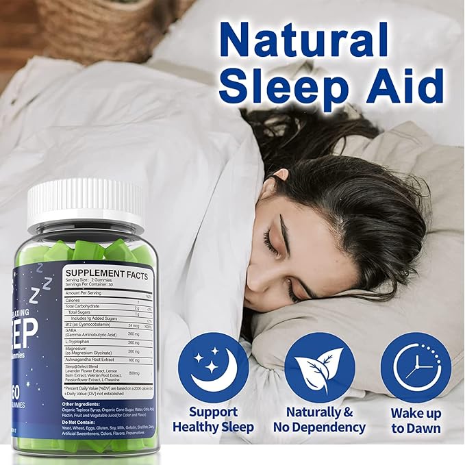 NEVISS Melatonin Free Sleep Aid Gummies for Adults - Magnesium Glycinate Gummies | GABA L-Tryptophan Magnesium Ashwagandha - Non-Habit Forming Help for Deep Relaxation - Vegan Lemon Flavor 1Pack