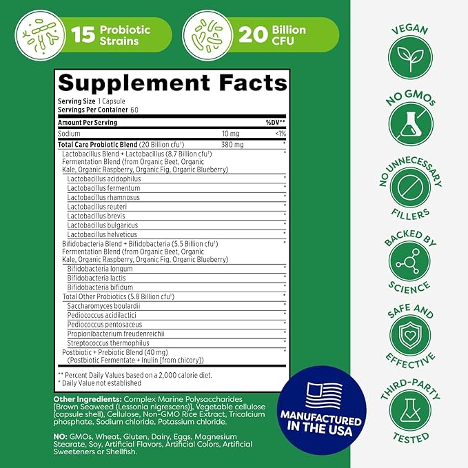 Probulin Total Care Probiotic Supplement Daily Gut Digestive and Immune Health Probiotics Capsules for Men and Women 20 Billion CFU Vegan 60 Count Bottle