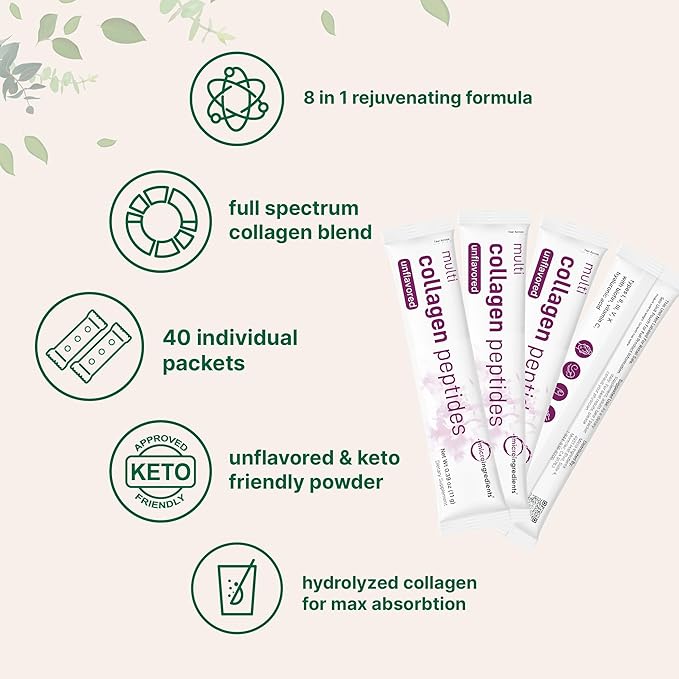 Micro Ingredients Multi Collagen Peptides Powder 40 Stick Packs | Type I II III V X + Biotin Vitamin C &amp Hyaluronic Acid | Unflavored | Supports Hair Skin &amp Joint Health | Keto Non-GMO