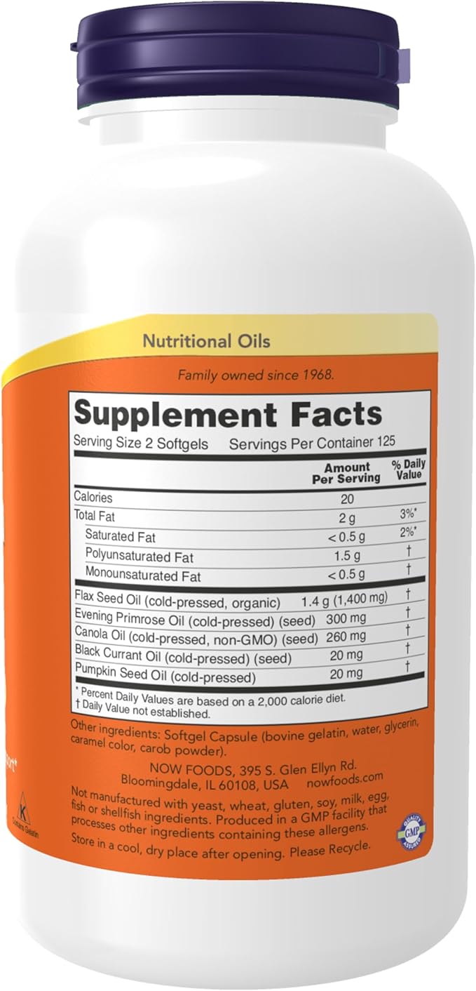 NOW Foods Supplements Omega 3-6-9 1000 mg with a blend of Flax Seed Evening Primrose Canola Black Currant and Pumpkin Seed Oils 250 Softgels