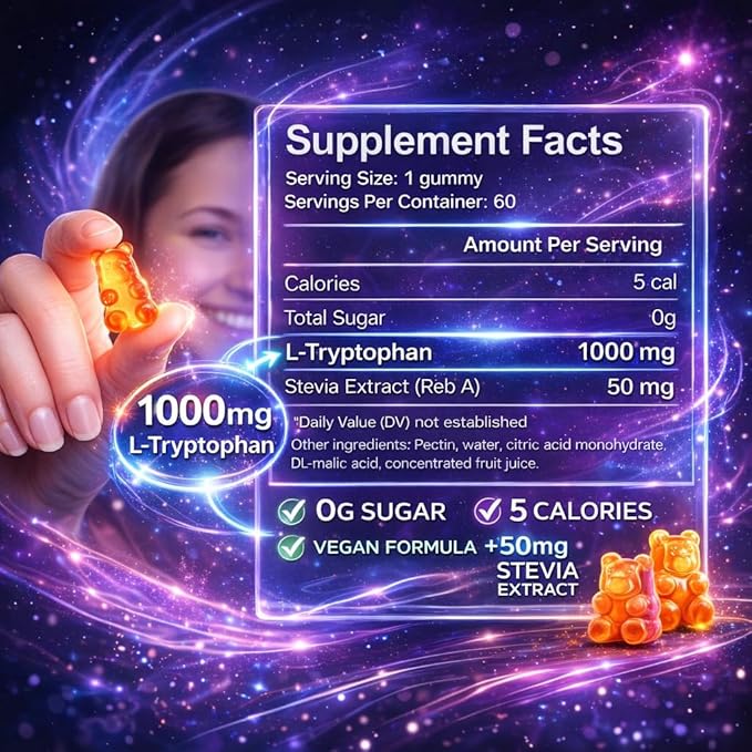 VAITE L Tryptophan 1000mg Gummies – Chewable Supplement for Positive Outlook Calm Support &amp Inner Balance 60 Vegan Gummy to Promote Restful Nights Support Mental Focus &amp Encourage Peaceful