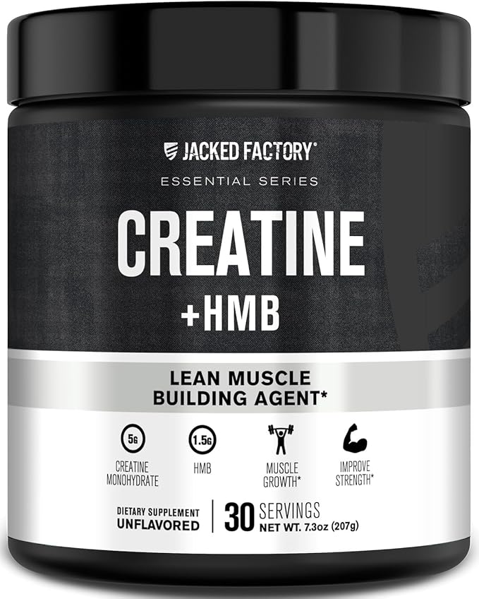 Jacked Factory Creatine HMB Powder Supplement with Creatine Monohydrate &amp HMB for Men &amp Women for Muscle Growth Increased Strength Enhanced Energy - 30 Servings Unflavored