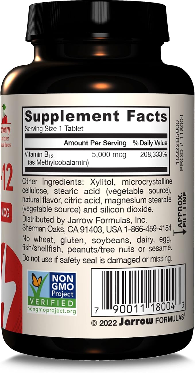 Jarrow Formulas Methyl Vitamin B12 5000 mcg - 60 Chewable Tablets Naturally Fruit Flavored- Bioactive B12 Vitamin - Supports Cellular Energy Production Brain Health &amp Metabolism - 60 Servings