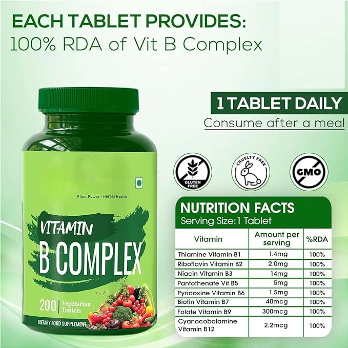 Vitamin B Complex 100% RDA - 200 Tablets/Capsules - B Vitamins Supplement (B1 B2 B3 B5 B6 B7 B9 B12) Green