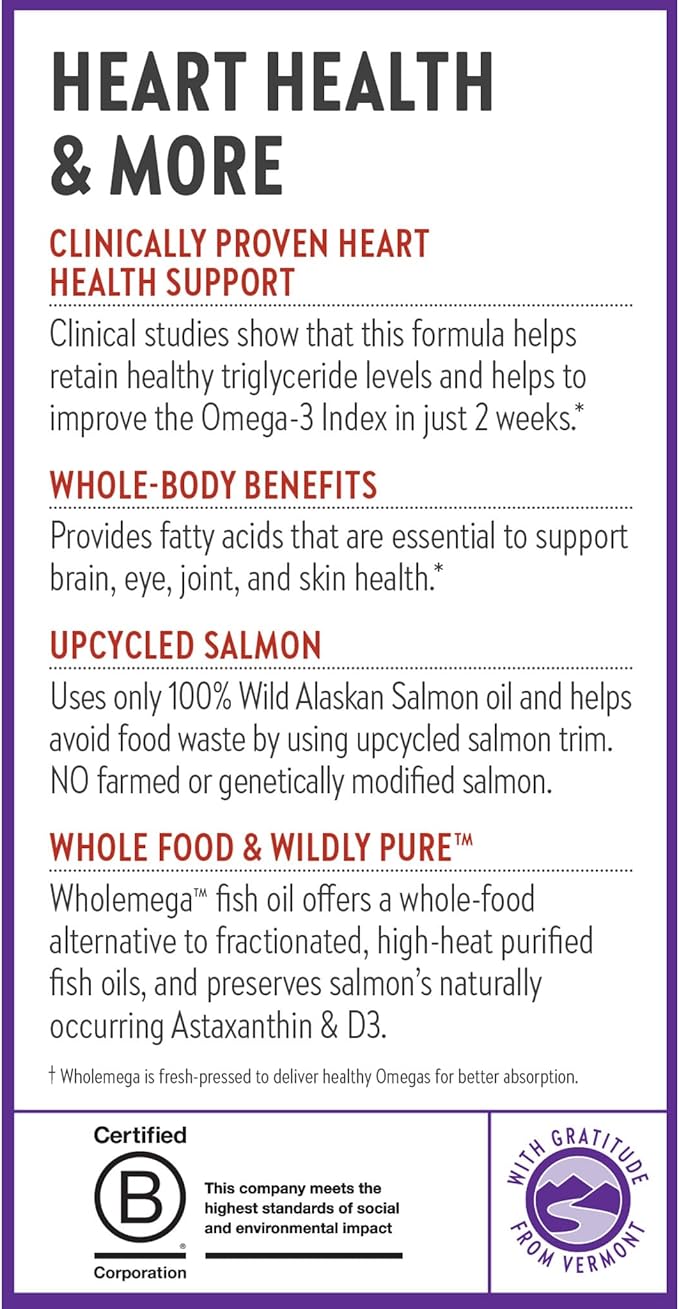 New Chapter Wholemega Fish Oil Supplement - 2000mg per Serving Clinically Proven Wild Alaskan Salmon Oil with Omega-3 + Vitamin D3 + Astaxanthin 60 Softgels