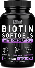 Zeal Naturals Biotin with Coconut Oil for Hair 10000mcg (180 Softgels) Supplement - Biotin Pills for Hair Skin and Nails Vitamins for Women Capsules for Men Hair Growth 6 mo Supply