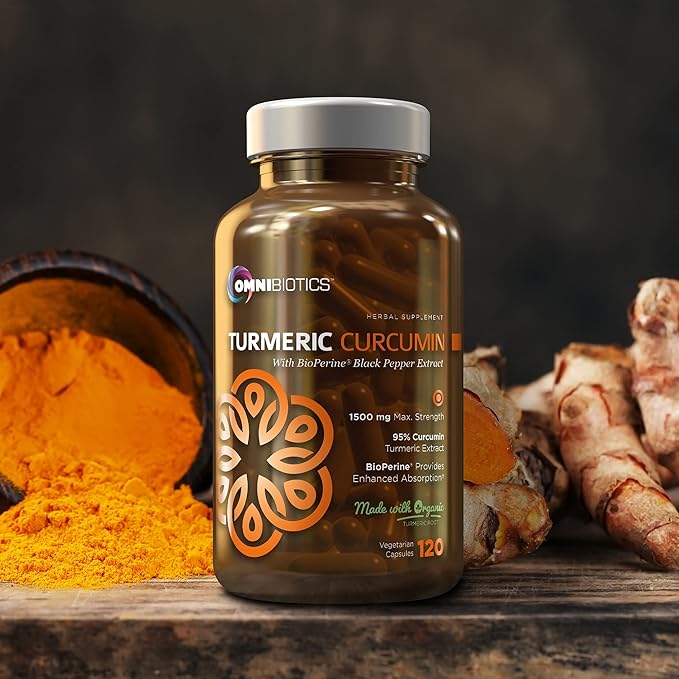 OmniBiotics Organic Turmeric Curcumin Supplement with Black Pepper Extract – 1500mg Turmeric with 95% Curcuminoids &amp BioPerine High Absorption for Joint Support – 120 Vegan Capsules