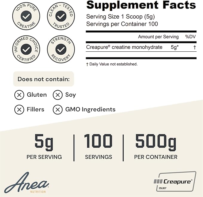 Anea Creatine Monohydrate - Unflavored | 5g Creapure® per Serving | Supports Muscle Energy Strength &amp Recovery | Pure &amp Filler-Free | Made in GMP Facility