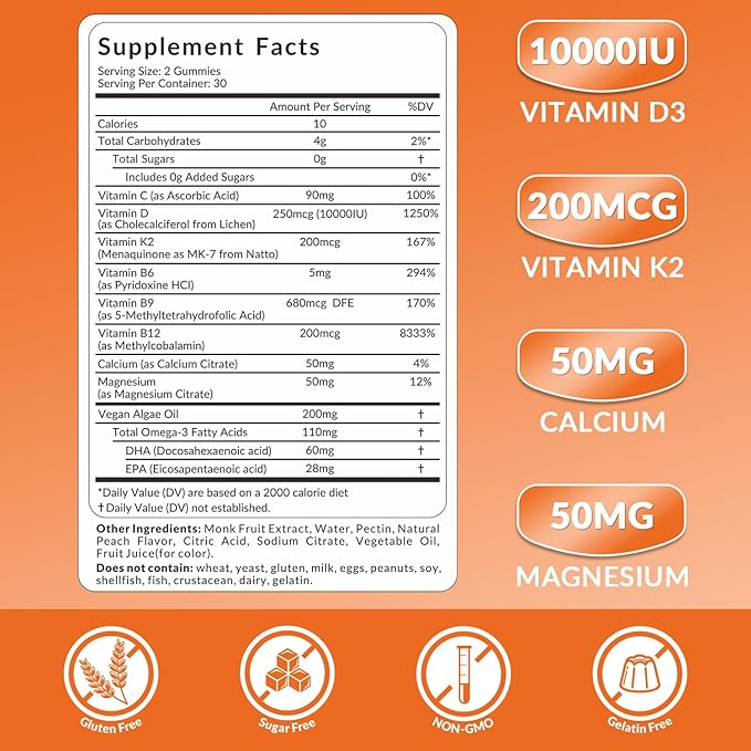 Vitamin D3 10000iu &amp K2 (as MK7) 200mcg Gummies w/Calcium Magnesium Omega-3 Vitamin C B12 K2 D3 Supplement for Women &amp Men - Vegan Sugar Free