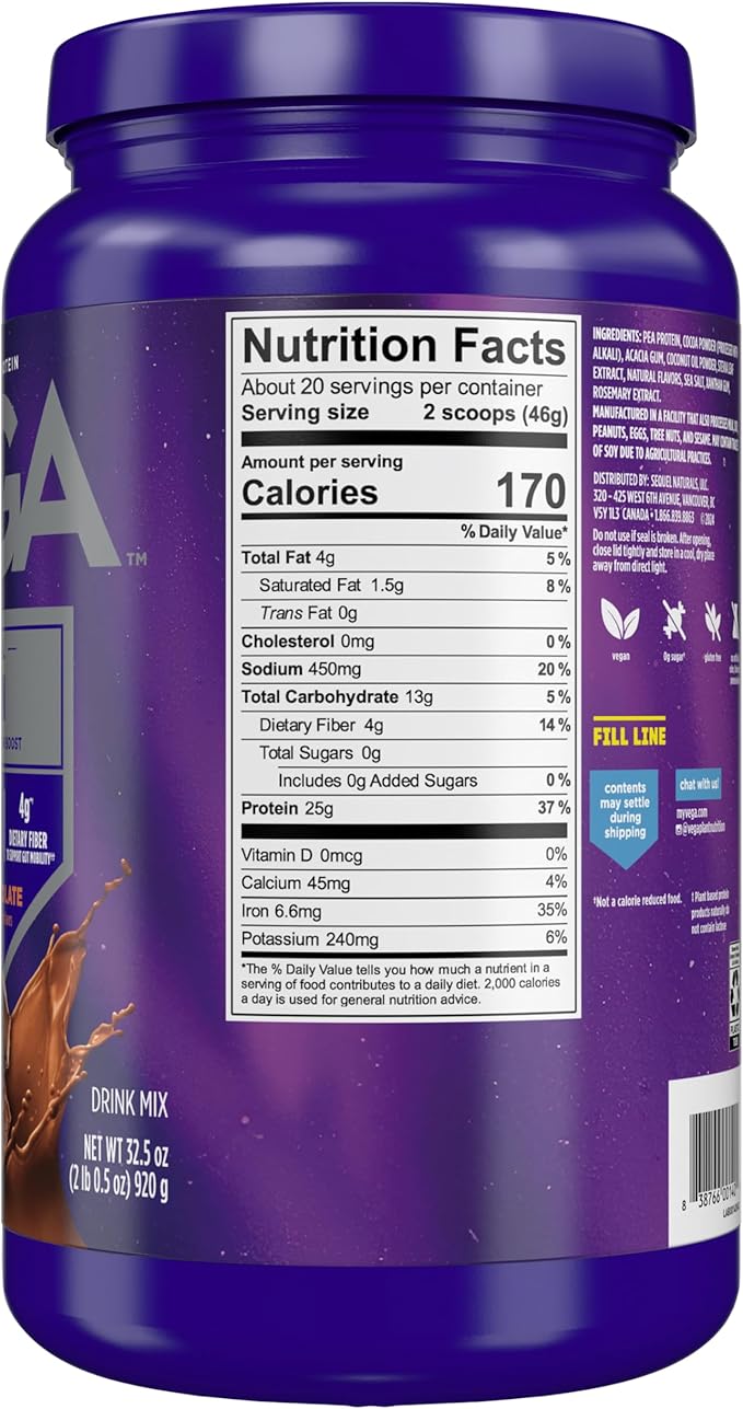 Vega Original Essential Protein - 25g Plant-Based Protein Creamy Chocolate 20 Servings Vegan Non-GMO Drink Mix Smoothie &amp Shake Ready Gluten Free Dairy Free 32.5oz (Packaging May Vary)