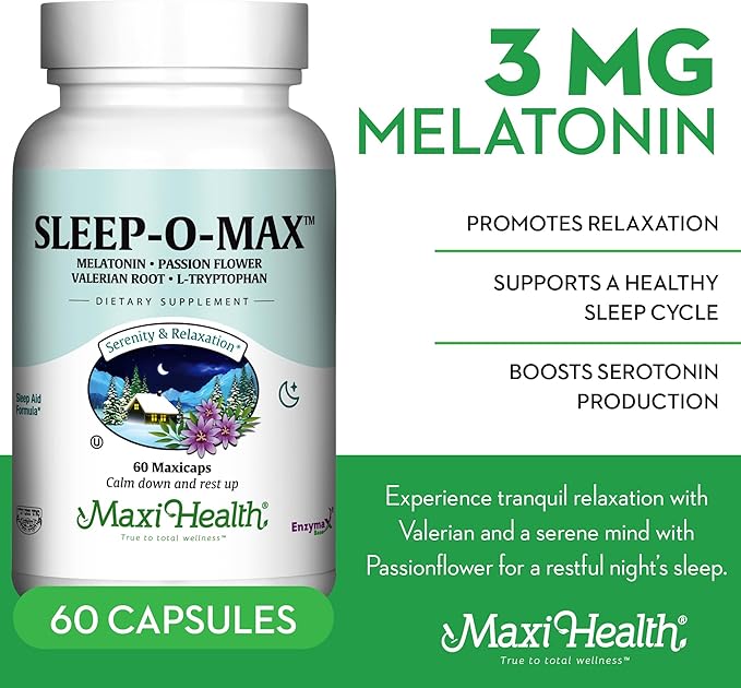 Maxi Health Adults Herbal Sleep-O-Max with Valerian Root Melatonin Tryptophan Passionflower - Natural Sleep Supplement - Calm Sleep Support Formula