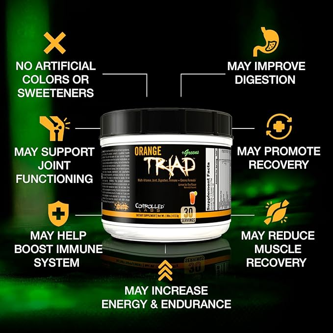 CONTROLLED LABS Orange Triad Plus Greens for Men and Women 30 Servings Iron Free Sports Supplement for Overall Health Multivitamin Digestion Immune System and Joint Health