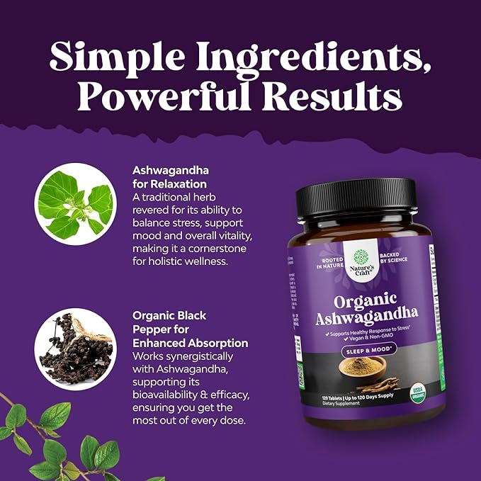 High Strength Organic Ashwagandha Supplements - Ashwagandha Organic Tablets for Mood Support &amp Hormone Balance for Women &amp Men - Root Extract Powder with Black Pepper for Better Absorption - 1