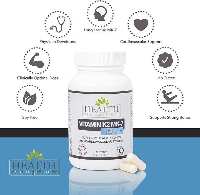 Health As It Ought To Be Vitamin K2 MK-7 150 mcg Supplement – Supports Bone and Cardiovascular Health – Soy-Free Works with Vitamin D3 – 100 Capsules
