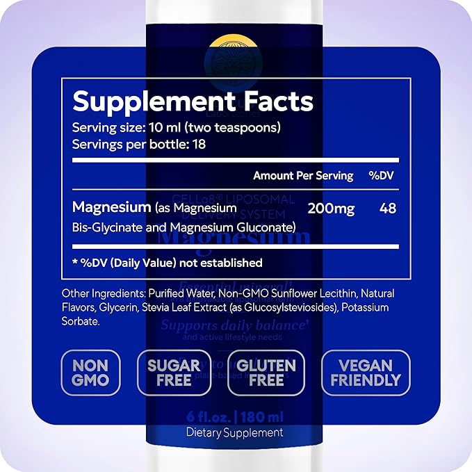 Liposomal Magnesium Liquid for Calm Deep Sleep &amp Stress Relief – Fast-Acting Magnesium Glycinate with CELLg8 High Absorption Muscle Support Sugar-Free Vegan Non-GMO – 18 Servings 6 fl oz