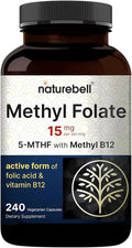 NatureBell Methyl Folate 15mg - 240 Capsules - 5-MTHF with Methyl B12-15mg L-Methylfolate &amp 1000mcg Vitamin B12 - Energy &amp Cognitive Support Supplement* - Gluten-Free &amp Non-GMO
