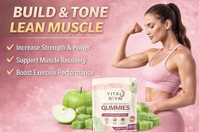Creatine Monohydrate Gummies for Women – 100% Sugar-Free Sour Green Apple – 120 Count 3 Month Supply – Support Muscle Recovery Strength &amp Energy – No Messy Powders Vegan &amp Non-GMO