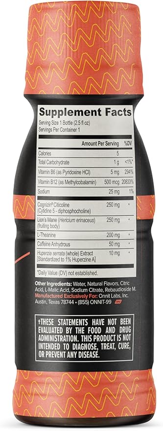 ONNIT Alpha Brain Focus Shot Peach Flavor Nootropic Dietary Supplement Drink that Supports Energy Focus and Mood IGEN™ Non-GMO Tested 2.5 fl oz 6 Count