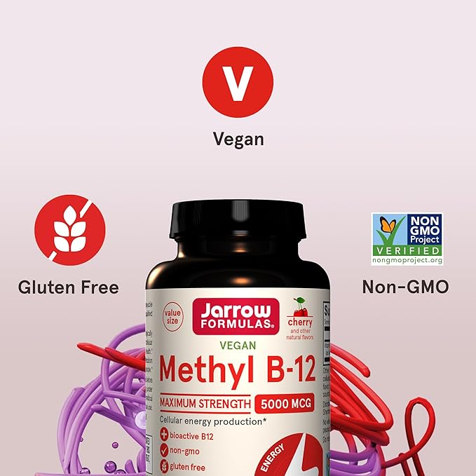 Jarrow Formulas Vitamin B12 5000 mcg - Maximum Strength for Cellular Energy and Brain Health 90 Cherry Chewable Tablets B12 Vitamins 5000 mcg
