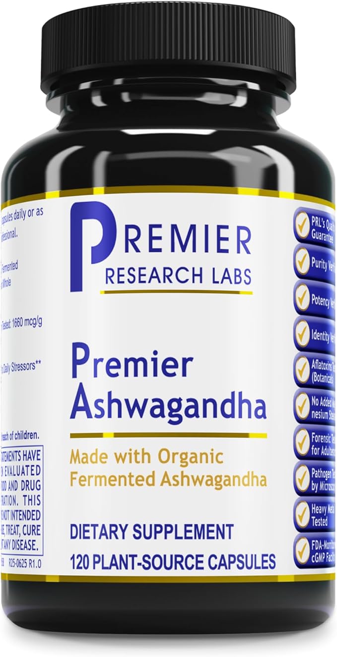 Premier Research Labs Premier Ashwagandha - Pure Supplement for Women &amp Men with Organic Ashwagandha Root Herbal Pills for Stress &amp Sleep Support Fermented for Absorption - 120 Plant-Based C