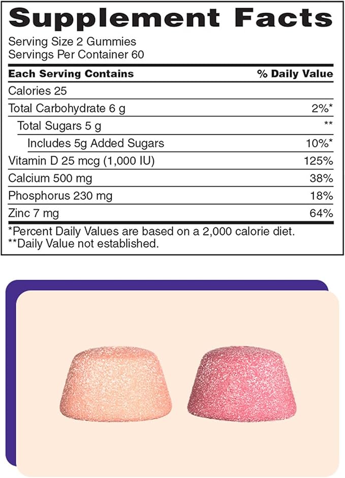 KS Calcium 500 mg with Vitamin D3 1000 IU &amp Zinc – 120 Gummies (2-Month Supply) – Bone Teeth &amp Immune Support for Adults – Natural Orange &amp Cherry Flavors – USP Verified