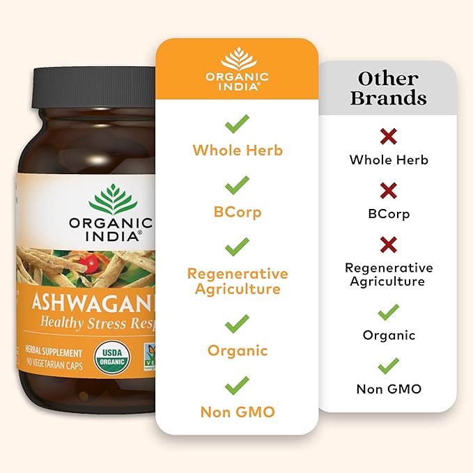 ORGANIC INDIA Ashwagandha Capsules - Organic Ashwagandha Supplement - Vegan Ashwagandha Root Gluten-Free Kosher Non-GMO Supports Stress Relief Energy and Sleep - 90 Capsules