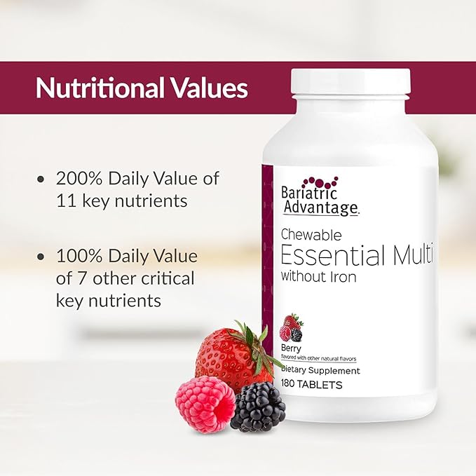 Bariatric Advantage Chewable Essential Multivitamin Without Iron - 200 DV of Key Nutrients - Trace Mineral Support - Multivitamins for Bariatric Patients - Berry - 180 Count