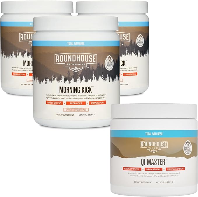 ROUNDHOUSE PROVISION Morning Kick Zero Sugar Greens Superfood Powder Supplement 3 Pack and Qi Master Wellness Bundle by Chuck Norris