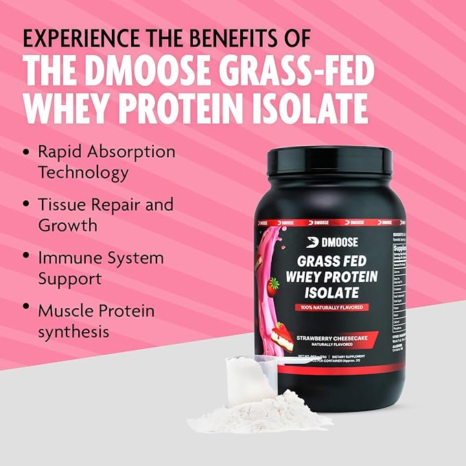 DMoose Grass Fed Whey Protein Powder - for Muscle Growth &amp Recovery Naturally Sweetened &amp Flavored Rich in Amino Acids Fast Absorbing Performance Formula (2 Lbs Strawberry)