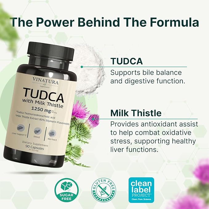 VINATURA TUDCA Milk Thistle 1250mg - Tudca Supplement Tudca Bile Salts Liver Support Gallbladder Supplements *USA Made and Tested* Bile Salts Supplement - 90 Capsules