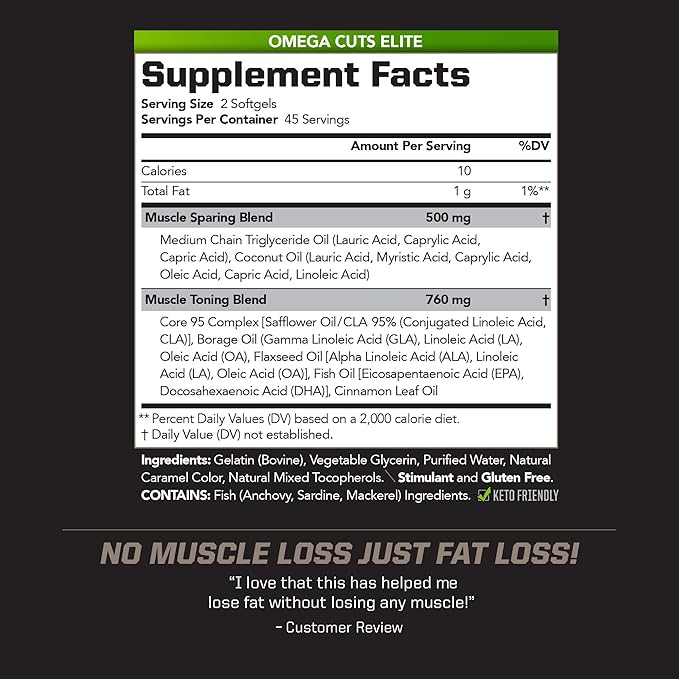 PMD Sports Omega Cuts Elite Fat Loss-Muscle Defining Formula - Omega Fatty Acids MCT's and CLA for Muscle Definition and Maintenance - Keto Friendly for Women and Men - Stimulant Free (90 Softgels)