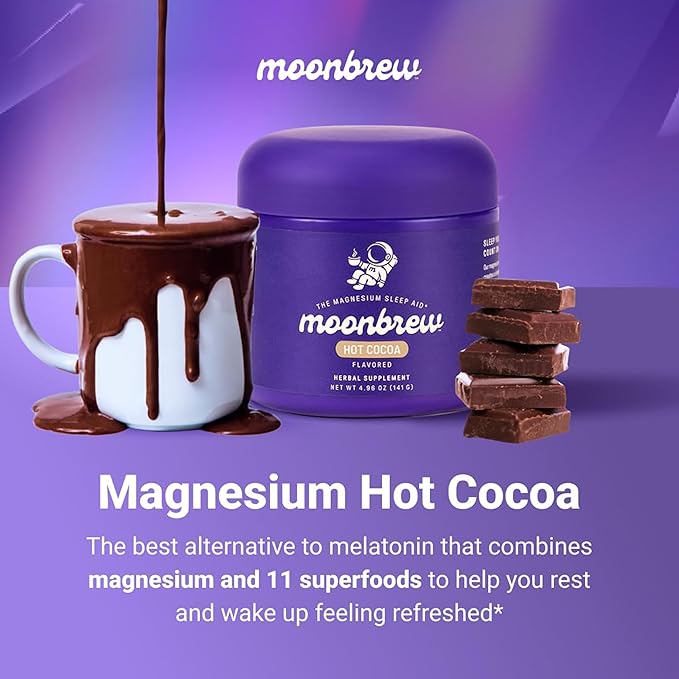 MoonBrew Nighttime Magnesium Hot Cocoa Jar Natural Sleep Aid Drink Mix for Adults - Calming Melatonin-Free Sleep Support - Sleepy Hot Chocolate Powder with L-Theanine Chamomile &amp Zinc Glycinate